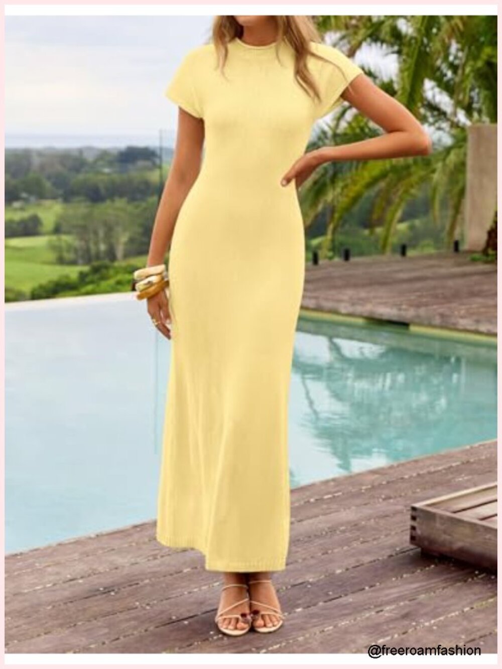 Bodycon Maxi Dress Business Casual Short Sleeve Crewneck Knit Slit Spring - Picture 3 of 5